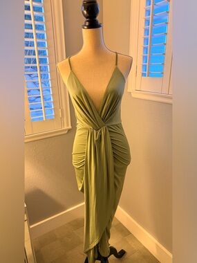 Olive Green Draped Twist-Front Maxi Dress